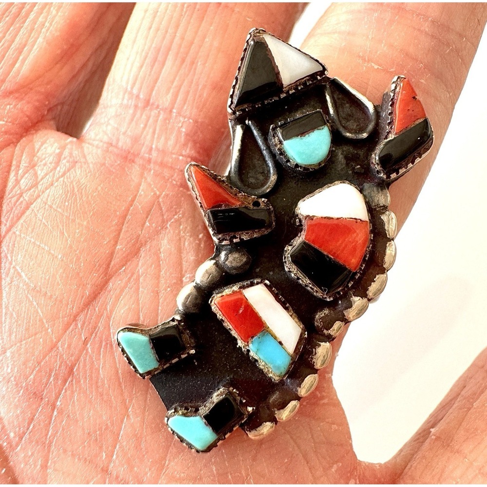 VTG Zuni Rainbow Man Ring Sz 8 Turquoise Coral Sterling Native American Inlay